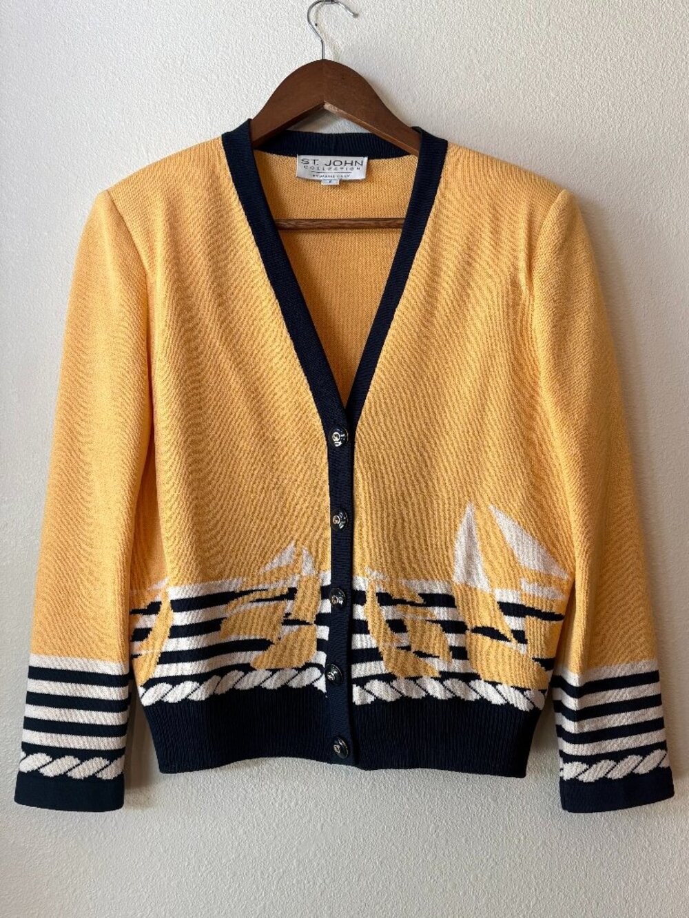 Vintage St. John Sailboat Cardigan Sweater Yellow Navy Blue White Santana Knit S